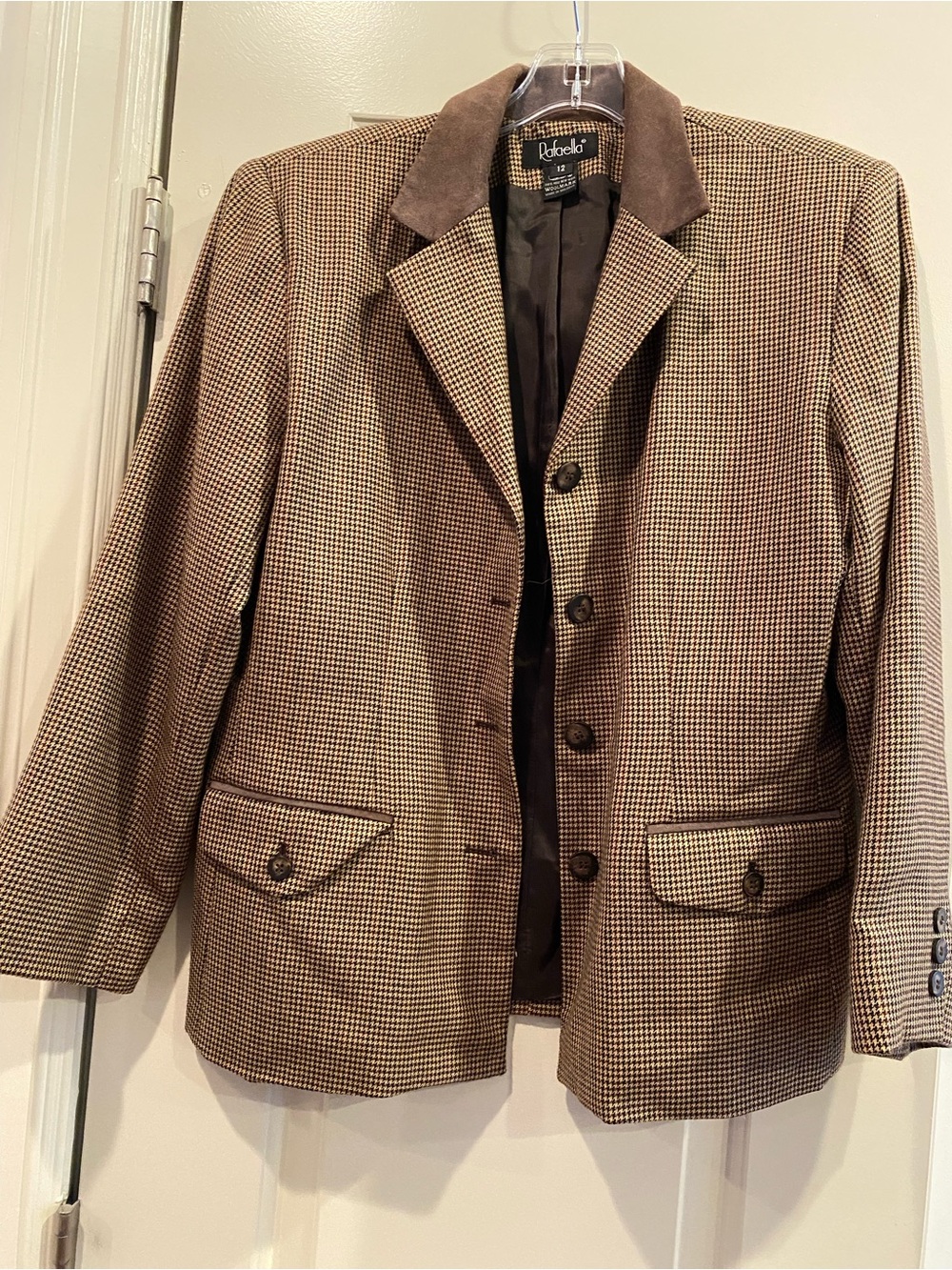 Rafaella vintage women’s sport coat Brown Houndstooth with Suede Collar, size 12